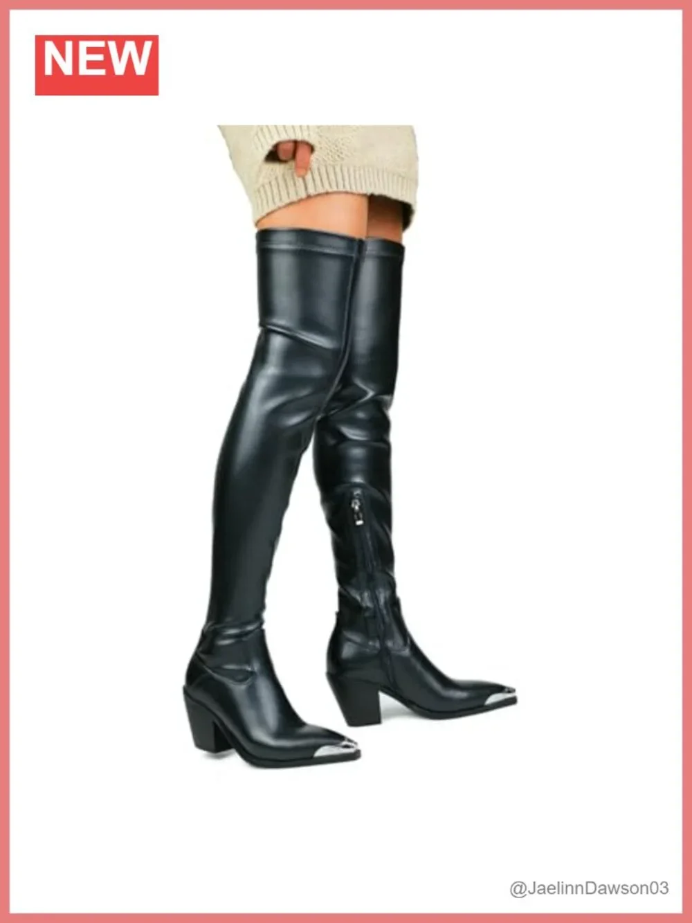 Faux Leather Thigh High Chunky Heel Boots Pointed Toe Side Zipper Women's